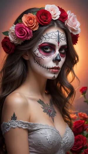 A illustration in bright pastels of a woman with an intricately designed sugar skull, a symbol deeply rooted in Mexican Day of the Dead, (Día de los Muertos), celebrations. The composition is centered, drawing immediate focus to the woman's face, which is adorned with elaborate, symmetrical patterns. The monochromatic palette, dominated by shades of grey and white, emphasizes the ethereal and serene quality of the piece. The artist employs a hyper-realistic style, evident in the meticulous detailing of the woman's hair, which cascades with realistic texture, and the delicate petals of the roses that frame her head. The use of light and shadow is subtle yet effective, creating depth and dimensionality in the image. Soft gradients and smooth transitions between tones. The symmetrical arrangement of the flowers and the skull's patterns evoke a sense of balance and harmony, while the woman's calm, slightly melancholic expression adds an emotional layer. Contemporary art movement, with influences from traditional Mexican folk art and modern hyper-realism. romantic sunset, red, smoke, colorful and vibrant, mystical colors, iridescent perspective view, sweeping circling composition, non-representational, colors and shapes, expression of feelings, imaginative, long shadows, dreamy mood, detailed photo, photorealistic photo, realistic pretty women photo, realistic night vision, soft fokus, parallax, overexposure, photo style, she kneels, cinematic, filmic, scribbled lines, surrender, polychromatic, diffuse, #©KITTYART
