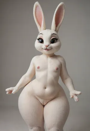((Bunny rabbit furry:1.8)), cute, big eyes, long eyelashes, (animal:1.5), ((chubby)), (flat chested:1.5), (oversized wide hips:1.5), (oversized thick thighs:1.5), smile, happy. Nude., (View from side)