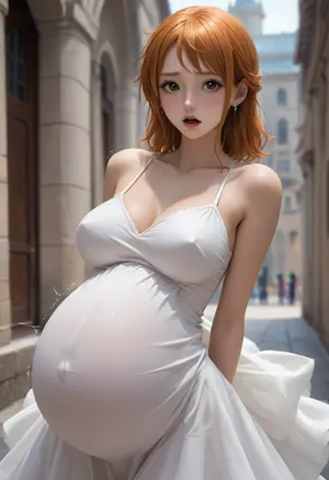anime, (anime:1.2), BREAK, Nami, Nami from One Piece anime, Nami anime character, Nami anime character from one piece, pregnant, (pregnancy:1.3), 30 years old, big round belly, cute, embarrassed, sexy, big ass, big tits, ahegao, (she is trembling, twitching:1), in a tight form-fitting dress, <lora:Animated_Concept:1>, <lora:add_details_xl:.5>