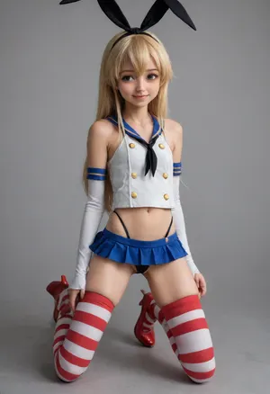 High quality and detail, (4K), (Shimakaze from kan colle, shimakaze cosplay, cute anime girl:2), (battleship), 18 years old, full body, very skinny, flat chest, (narrow skinny face), excited focused face, short small body, sexy legs, (anime style:1.6), (yellow blonde hair), overly excited pose, (red white striped knee high socks, tiny blue micro skirt, black g string, visible cameltoe, red high heeled latex boots)
