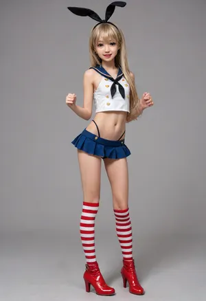 High quality and detail, (4K), (Shimakaze from kan colle, shimakaze cosplay, cute anime girl), (battleship), 18 years old, full body, very skinny, flat chest, (narrow skinny face), excited focused face, short small body, sexy legs, (anime style:1.6), (yellow blonde hair), overly excited pose, (red white striped knee high socks, tiny blue micro skirt, black g string, visible cameltoe, red high heeled latex boots)