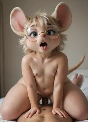 ((fluffy mouse furry:1.8)), white, cute, big eyes, long eyelashes, (animal:1.5), ((chubby)), (flat chested:1.5), (oversized wide hips:1.5), (oversized thick thighs:1.5), orgasmic face with open mouth. Nude, big round glasses., (analsex by male human:1.5), on all fours., ((Anal penetration on top)), bent reverse