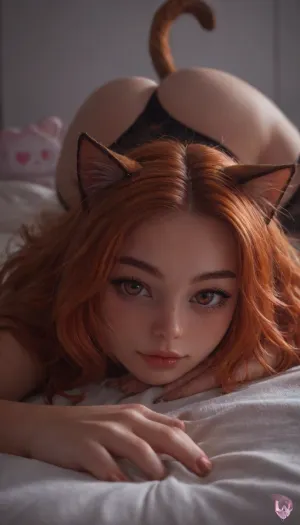 (ziprealism), (score_9, score_8_up, source_furry, sharp focus, masterpiece, perfect eyes), (tight closeup, front view, low angle view, Dutch Angle, focus on eyes), (lying on stomach:1.2), (horny catgirl, naughty cat girl, petgirl, uwu expression:1.4), seductive pose, (wide hips, big ass, ass up), lusty, (voluminous hair, orange hair with warm highlights, slut strands:1.4), bedroom, erotica, night, dark, shadow play, overexposed, igbaddie, (incase:.8), <lora:igbaddie-XL:.4>