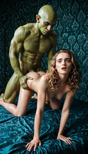 1girl, (1boy), SEX, vaginal sex from behind, beastiality, 1troll & troll penis, large bald green male troll has sex with Hermione Granger, Hermione Granger fucked on all fours, (Masterpiece, best quality, high definition, ultra-detailed, perfect illumination, finely detail, highly detailed face, highly detailed body, photorealistic, best lighting, best shadows, intricate detail, high quality, (highly detailed background:1.4)), orcnive, <lora:ORCS-08:.5>