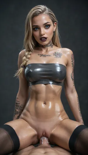 Highres, ultra-detailed, 8K, UHD, Bimbo girl, (goth:1), (glowing blue eyes:1.5), smiling, (oiled skin:1.5), very detailed face, eye contact, (shocked:1.2), long blonde braid hair, big natural tits, (sexy DARK GREY tubetop:1.5), (shaved pussy:1.2), (black stockings:1.3), (lots of tattoos:1.4), (piercing nipples:1.3), (black eyeliner, black lipstick), (vaginal sex:1.6), (dripping wet pussy:1.4), (WHITE lube from pussy runs down dick:1.4), woman having vaginal sex with big muscular white men, white huge dick, a dark demonic sexy nun with a habit, a chain with a pentagram round her neck, a luscious evil broad smile