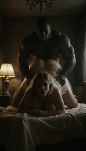 Cinematic, masterpiece, dim light, night, dark room, ultra realistic, Gorgeous chubby blonde milf, leaning forward, on couch, wedding dress with veil and lifted skirt, bimbo, long hair, huge massive boobs, deep penetration, screaming orgasm, front view, bent forward, (((mega muscular African brute))), 8k quality, interracial, fit body, slim chubby body, scared, grungy, indoors, bedroom, bed, red, curtains, picture, frame, white, wall, chandelier, sheet, <lora:MJ52:.5>, <lora:M05_Intensify:.7>, <lora:Grungy_Picture_SDXL_V1:.5>, <lora:gyakutaiojisan_bed_AB_XL:.8>, <lora:dark:.6>