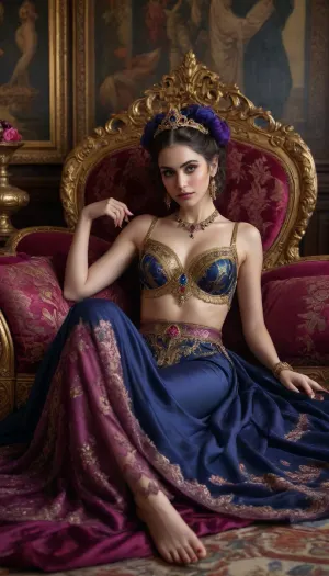 Hyper-detailed portrait of a stunning demon girl with delicate horns, glowing slit-pupil eyes, and a mischievous smile, reclining sideways on a luxurious velvet divan adorned with golden tassels. She holds a bunch of ripe purple grapes near her lips, her sharp nails contrasting with the fruit's softness. The grand hall features marble floors with intricate mosaics, towering pillars wrapped in silk, and golden lanterns casting warm, ambient light. Around her, opulent platters overflow with pomegranates, figs, honeyed sweets, and jeweled goblets of wine. She wears a sapphire-blue eastern-inspired ensemble with elaborate gold embroidery, a sheer chiffon veil, and layers of ornate gold jewelry—chandelier earrings, serpentine arm cuffs, and a gem-studded belt. The scene is rich with细节, Persian carpets, peacock-feather fans, scattered rose petals, and ancient tapestries depicting mythical beasts. Ethereal wisps of dark smoke curl around her ankles, hinting at her supernatural essence. Cinematic lighting, vibrant colors, and ultra-realistic textures enhance the fantastical opulence