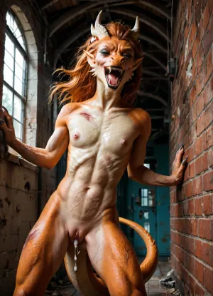 masterpiece, fit vascular, skinny, good lighting, wrecked, wounded, helpless, (pale ginger woman), nude, (intense orgasm), (intense veins all over her body), (bulging detailed vein texture:1.2), (vascular anthro dragon woman:1.3), (realistic dragon fangs:1.2), (black lipstick), (bulging veins), (sharp scaly claws on her hands:1.13), pointed ears, (eyeliner), (running makeup), (cum dripping from pussy), (a little bit of ginger pussy hair:1.2), <lora:SG2:.8>, x, morphing, into, y, <lora:SDXL1.0-LoRa_Zeitgeist-Morphing-Concept_by-AI_Characters-v1.0:.8>, anthro, feral, flat, chested, <lora:flat_chested_v3.5:.8>, (), (tail:1.2)