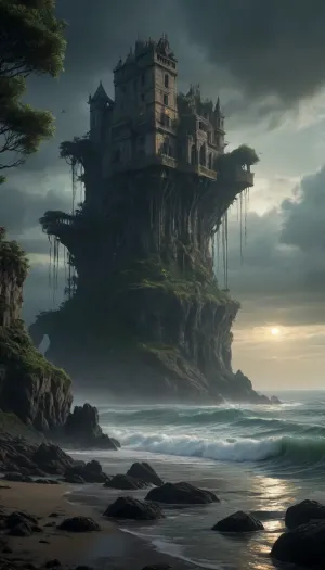 The scene is made on the ocean shore with vegetation in the style of dark fantasy-a dystopia with a very detailed and atmospheric environment. The world in the water is magically infected with glowing anomalies, perverted nature, and the remnants of vanished civilizations. The light is unnatural, casting eerie shadows. The art style combines elements of medieval fantasy.