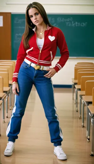 Jojo, 2004, brunette, straight hair, red track top, quarter length jeans, white trainers, in a school, white leather belt, gold heart necklace, blue eyes, lighter brown highlights