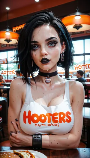 perfect woman, restaurant, hooters, goth, black choker