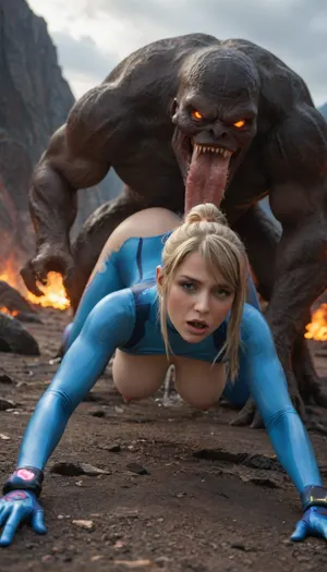 samus aran, in pleasure, on all fours, destroyed clothes, exposed breasts, fucked from behind, huge alien monster, extreme massive penis, massive balls, cum in ass, volcano