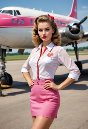 Russian 23yo Slavic beauty, flight attendant 1950s style, on the airfield, random sexy pose from fashion magazines, pink miniskirt with split, white sheer blouse, realistic airplane in background, (single drawn girl:1.3), (illustration:1.3), (hand drawn:1.3), (drawn comics book cover:1.3), USSR poster, USSR postcard, 1950s, USSR epoch, pin-up poster style, postcard style, soviet poster art, Soviet advertising art, (lithography, high detailed paper texture), (realistic hair, realistic face, realistic anatomy, realistic pose), full-length image, period-accurate image, maximum contrasted image, maximum saturated image