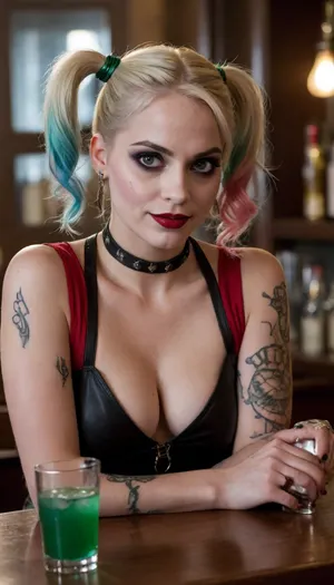 Harley Quinn is behind the bar, but not the same arrogant aristocrat anymore. His blond hair is now shaved from one temple, the rest of the strands are tied with a leather cord. She wears a silver earring with a tiny skull in her ear, tattoos on her arms, snakes, and barely noticeable runes on her knuckles. He deftly juggles a shaker, whipping up a cocktail that sparkles with emerald-colored fire.