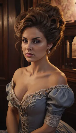 (RAW photo), 4K, best quality, realistic, photorealistic, masterpiece, extremely detailed, an extremely delicate and beautiful, dynamic, realistic anatomy, great lighting, perfect shading, professional shading, depth of field, ((solo)), 19th century, 48 yo women, in Wasterland, sitting on bed, in pirate ship, (((curvy body))), (scared attitude:1.1), (wearing in underwear), (((Gibson girl hairstyle), , :1.3)), (((pompadour hairstyle), , :1.3)), ((makeup:1.2)), 3/4 length view, (4K, high resolution, best quality), Wasteland, clothes, Photography, stvmccrr, style, <lora:detailed_notrigger:.8>, <lora:stvmccrr:.8>, <lora:580159_training_data:.8>
