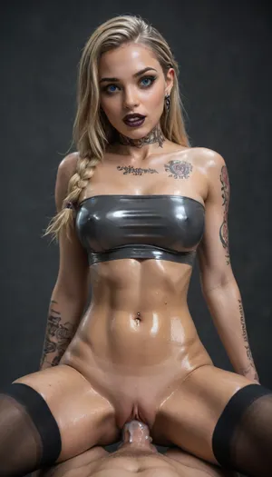 Highres, ultra-detailed, 8K, UHD, Bimbo girl, (goth:1), (glowing blue eyes:1.5), smiling, (oiled skin:1.5), very detailed face, eye contact, (shocked:1.2), long blonde braid hair, big natural tits, (sexy DARK GREY tubetop:1.5), (shaved pussy:1.2), (black stockings:1.3), (lots of tattoos:1.4), (piercing nipples:1.3), (black eyeliner, black lipstick), (vaginal sex:1.6), (dripping wet pussy:1.4), (WHITE lube from pussy runs down dick:1.4), woman having vaginal sex with big muscular white men, white huge dick, a dark demonic sexy nun with a habit, a chain with a pentagram round her neck, a luscious evil broad smile