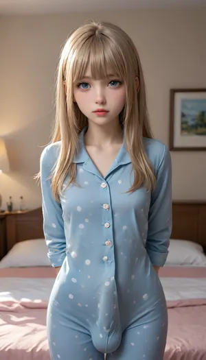 Futanari, long hair, bangs, hinata, freckles, thick lips, beautiful face, looking at viewer, big tits, blue eyes, wet lips, bottomless, wide hips, polka dot pajamas, blue and white polka dots, skin tight pajamas, soft lighting, bedroom, standing, lcock bulge, panty hugge cock bulge, bulge, huge long penis visible under clothes