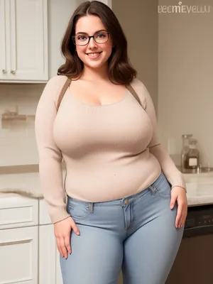 a chubby plain looking nerdy college girl wearing jeans and a sweater, curvy, glasses, large breasts, big hips and thighs, pale skin, brown eyes, standing in the kitchen, smiling, <lora:6f2fad6e709a7721ea77ca6055e7e2b2:.8>, c4rvy, <lora:Curvy V1:.8>