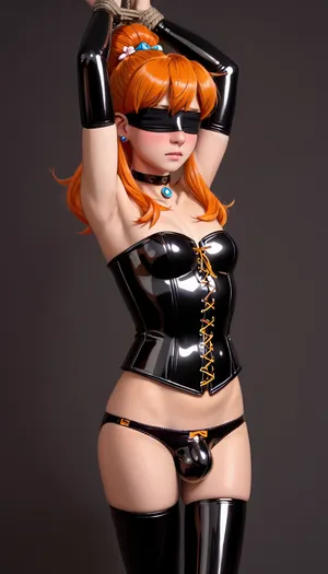 Dross style, 1shemale, solo, Wilma flintstone dressed as a submissive 21 years old in erotic bondage, (focus on bulge), (thigh gap, small breasts, orange hair tied back, voluminous hair), (latex panties, strict leather corset, extreme corset, choker, latex stockings:1.3), (BDSM aesthetic, arms tied, bound arms, arms above head. blindfold), (humiliation, blushing), Trfut, flac-futa, flac-penis, photo, artwork, <lora:SDXLlora4flFut-000014:.7>, <lora:bulgev1-beta:.9>