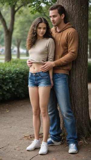 Very small sexy 1girl, 1boy, no size difference, male on female, girl is standing leaning against tree resting her hands on tree and looking at boy over her shoulder with shy smile, girl in black stockings, sneakers, micro mini skirt, boy is standing behind her and fucking girl ass grabbing her buttocks from behind, motion lines, (anal sex:1.2), rough, anal penetration, deep anal, standing doggystyle, hetero, (park background:1.1), trembling, twitching, orgasm, squirting pussy, side view, cum, focus on penis in anus, pussy and anus fully visible, (girl is 18yo, shy, nerdy, black curly long hair, tall, skinny, very small breasts, flat chest, awkward, broad mouth, brown hoodie, pulled down jeans, sneakers), boy is four-eyed skinny nerd, both actor in frame, High-quality detailed ideal fingers, High -quality detailed ideal eyes, high -quality detailed ideal face, high -quality detailed ideal body, high -quality detailed ideal arms, high -quality detailed ideal legs, professional detailed, High-quality photo master class, High sharpness, Very high quality detail, photorealism, 4K, 8K, 16K, professional photography of master class, perfectly symmetrical, ImgFixerPre0.3, great, lighting, perfecteyes, <lora:great_lighting:.8>, <lora:lora-sdxl-perfect-eyes:.9>, <lora:DetailedEyes_V3:1.2>