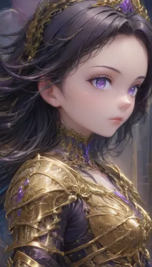 1 extremely beautiful elf woman queen, golden elven crown, close angle, side view, large full beautiful lips, small beautiful face, hair over one eye, (black hair:2), long flat hair, extremely straight hair, (gold trimmed black armor with purple accents:1.8), (black armor:2), fully clothed, long thick eyelashes, light purple eyes, extremely beautiful petite body, nose chain, cute small breasts, small waist, cute bubble butt, thin muscular thighs, perfect big eyes, perfect face, (8k), (elegant elven castle at night), elven, architecture, Radiant, Darkness, R3g4l, 3lv3n, woman, courtyard, armor, cloak, castle, <lora:EnvyElvishArchitectureXL01:.9>, <lora:233007_training_data:1.1>, <lora:Regal_Elven:.8>
