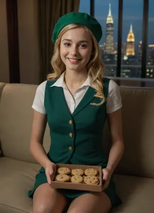 (masterpiece, best quality, high resolution, photorealistic, cinematic lighting), 1 woman, white skin, (sitting demurely on a couch), (holding a box of cookies), very cute, happy smiling face, (blonde hair), medium length hair, (straight hair with a slight curl), wearing a green French beret, skinny, short waist, petite, (wearing a completely unbuttoned green vest over a white tee shirt), (wearing a green pencil mini skirt), in an extravagant penthouse, marble floors and decorations, couches, chairs, windows looking over a city skyline, midnight, stars, moonlight, <lora:ahxl_v1:.8>, <lora:HandFineTuning_XL:.8>
