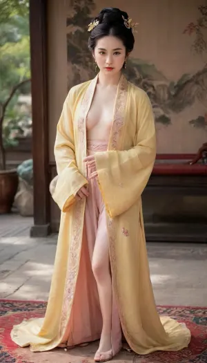 Beautiful chinese woman, tang princess, subtle natural makeup, （Hair was combed upward into a tall, structured chignon, creating a lofty and elegant appearance），empress yellow robe embroidered with phoenix and other patterns, open robe revealing naked underwere, dense black pubic hair, (blushing, embarrassed, shy, submissive, sobbing，angry:1.8), (detailed hairy vagina, labia, clitoris, many pubic hair:1.2), song, style, dynasty, Beautiful perfect orgasm face, perfect closed eyes, perfect open mouth, black eyes）, full body view, bending over Inside a Yurt. ancient mood, detailed photo, photorealistic photo, realistic pretty women photo, hyper realistic, high-resolution, 8K, insanely detailed, perfect shadows, masterpiece, sexy, passion, desire, sharp focus, photorealistic, hyperrealistic, high resolution, very detailed, 8k, RAW photo, highest quality, szhf, dress, LIU_ICE, lyfei, woman, <lora:szhf:.5>, <lora:LIU YIFEI_SDXL:.4>, <lora:liuyifei:2>