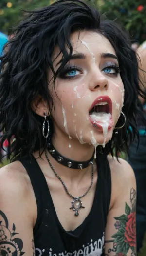 Bush festival, rave, music festival, goth babe, blue eyes, eye contact, tattoos, cum hungry, cum in mouth, cum on face, open mouth, spit, drool, messy face.