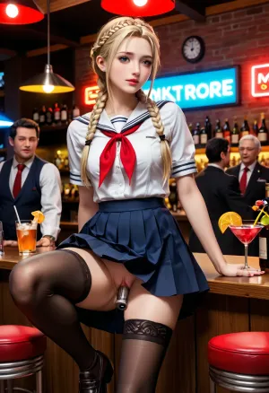 photorealistic image, very old man fucks woman in cocktail bar, long blonde hair, braided hairstyle, very slim figure, dark tight school uniform, hip-high nylon stockings, rhinestone shoes, direct camera gaze, very old man with weathered face, intense expression, casual attire, all persons fully visible, vaginal penetration, hardcore intensity, deep thrusting, uniform skirt lifted, stockings intact, cocktail bar, neon lights, bar patrons in background, sleek counter, vibrant atmosphere, nighttime, candid voyeuristic photo, paparazzi spy photo, GND, masterpiece, slightly blurred, unusual angle, timestamp in corner, persons unaware of camera except woman, natural poses, candid expressions, (direct camera gaze:1.3), (vaginal penetration:1.4), (hardcore intensity:1.4), (braided hairstyle:1.2), (dark school uniform:1.2), (hip-high nylon stockings:1.2), (cocktail bar setting:1.3), (neon lights:1.2), (bar patrons:1.2), (vibrant atmosphere:1.2), (dynamic posture:1.3), (intense expression:1.2), (distance viewpoint:1.3), (full figure shot:1.4)