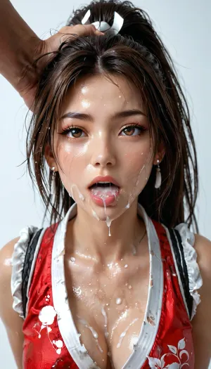 mai shiranui, her head thrown back, her hair pulled by asian guy fucking her from behind, torn clothes, cum on her messy hair, cum on her face, cum on her body, she is drooling and convulsing, she is wet and sweaty, front view