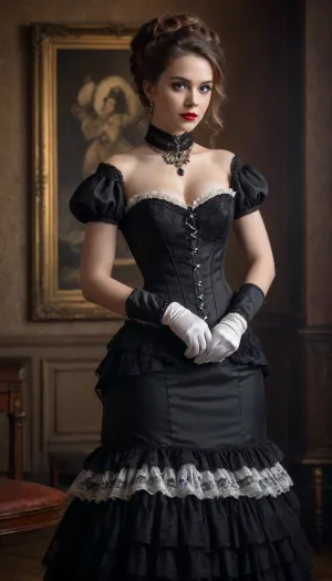 A vintage-style full-body portrait of a woman dressed in an elaborate Victorian-era inspired costume, exuding elegance and charm with a touch of theatrical flair. The outfit features a structured white corset with black beaded detailing along the neckline, creating a sophisticated and glamorous contrast. The corset accentuates her figure, while the black lace gloves add a delicate yet bold element to her look.

The skirt is a layered design with black and white striped fabric and black tulle overlays, featuring intricate polka-dot patterns and ruffled accents that add volume and movement. The combination of textures creates a rich, visually dynamic ensemble. A black choker with a small pendant adorns her neck, perfectly complementing the gothic aesthetic of the outfit.

Her hair is styled in voluminous, curly waves, framing her face with a timeless and dramatic effect. The hairstyle includes a black feather accessory that enhances the theatrical, period-piece look. Her makeup is classic, with a focus on bold red lips and subtly defined eyes, adding to the overall vintage charm.

The background is a muted, warm-toned brown with a painterly texture, resembling a traditional studio backdrop from the late 19th century. The lighting is soft and diffused, creating a warm glow that highlights her features and the intricate details of her outfit, while casting gentle shadows that add depth to the image.

The composition is centered, with the subject standing in a poised and confident manner, one hand resting on her hip and the other delicately holding a part of her skirt. The overall mood is timeless and elegant, evoking a sense of historical drama and classic beauty.