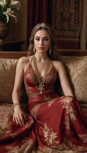 A beautiful woman reclining on a luxurious sofa in a richly decorated Middle Eastern interior, dressed in an elegant, flowing red and gold embroidered gown with intricate details. She has fair skin, soft facial features, and wears gold jewelry, including a necklace and a headpiece. The room is adorned with rich textures—silk curtains, floral patterns, leopard fur, and a striped oriental carpet. A vase with white lilies stands beside her. The lighting is soft and warm, with natural highlights on her face and dress, creating a moody, cinematic atmosphere. Ultra-realistic photography style, high resolution, full body, shot indoors with depth and shadows, inspired by fine art portrait photography.