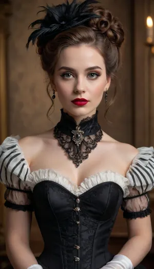 A vintage-style full-body portrait of a woman dressed in an elaborate Victorian-era inspired costume, exuding elegance and charm with a touch of theatrical flair. The outfit features a structured white corset with black beaded detailing along the neckline, creating a sophisticated and glamorous contrast. The corset accentuates her figure, while the black lace gloves add a delicate yet bold element to her look.

The skirt is a layered design with black and white striped fabric and black tulle overlays, featuring intricate polka-dot patterns and ruffled accents that add volume and movement. The combination of textures creates a rich, visually dynamic ensemble. A black choker with a small pendant adorns her neck, perfectly complementing the gothic aesthetic of the outfit.

Her hair is styled in voluminous, curly waves, framing her face with a timeless and dramatic effect. The hairstyle includes a black feather accessory that enhances the theatrical, period-piece look. Her makeup is classic, with a focus on bold red lips and subtly defined eyes, adding to the overall vintage charm.

The background is a muted, warm-toned brown with a painterly texture, resembling a traditional studio backdrop from the late 19th century. The lighting is soft and diffused, creating a warm glow that highlights her features and the intricate details of her outfit, while casting gentle shadows that add depth to the image.

The composition is centered, with the subject standing in a poised and confident manner, one hand resting on her hip and the other delicately holding a part of her skirt. The overall mood is timeless and elegant, evoking a sense of historical drama and classic beauty.