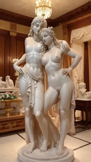 The image shows a marble ancient Greek statue depicting the copulation of an ancient Greek athlete with a naked ancient Greek Greek prostitute-hetaera. The affairs of the hetaera and the athlete are exposed, the smooth shining marble of the naked bodies allows us to appreciate all the details of the muscular figures. The athlete's face is frozen in an expression of animal lust, the face of the hetaera is frozen in an expression of pleasure and passion. The athlete's powerful cock enters the hetaera's vagina, the hetaera's legs wrap around the athlete's waist and grind behind his back. The hetaera is dressed in sandals with straps. In the background, there is luxurious furniture, a wooden stand with a flower arrangement and a chandelier hanging from the ceiling. There are also large green plants and arched doorways that contribute to the elegant atmosphere.