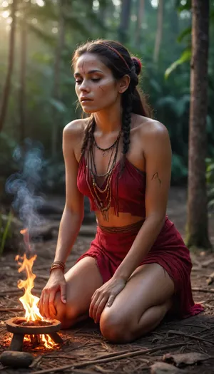 vibrant colors and rapid movements. A Macabre and Surreal Illustration. A shaman women from an Amazonian ethnic group performs an ayahuasca ritual in a small ethnic village in the heart of the Amazon rainforest. Her spirit leaves her body. Meticulously detailed. A somber and timeless atmosphere with a hint of nostalgia and history. The texture is smooth with delicate, precise lines and a polished finish. Masterful blend of history and beauty. Provokes reflection on the transience of life and the inevitability of death. romantic sunset, red, smoke, colorful and vibrant, mystical colors, iridescent perspective view, sweeping circling composition, non-representational, colors and shapes, expression of feelings, imaginative, long shadows, Hypnotic mood, detailed photo, photorealistic photo, realistic pretty women photo, realistic night vision, soft fokus, parallax, overexposure, photo style, she kneels, cinematic, filmic, scribbled lines, surrender, polychromatic, diffuse, #©KITTYART