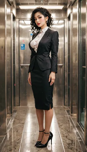 Japanese business woman in an elevator view of her whole body dressed in black suit and white shirt and heels