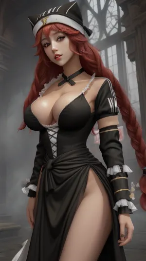 (masterpiece:1.3), (best quality:1.2), 8k, absurdres, unity 8k wallpapper, (extremely detailed:1.3), (Beautiful), (masterpiece, best quality), black dress, standing, voluptuous body, big breasts, gumdrop nipples, overgrown hairy pussy, clothes moved to the side, breasts exposed, pussy exposed, playing with her own pussy, lupusregina_beta, hat, choker, black, dress, <lora:lupusregina_beta-10:.8>