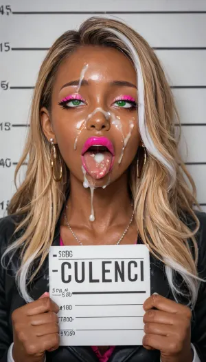 1girl, MILF, bimbo, whore, slut, slutty face, (japanese:1), (gyaru:1), blond hair, long hair, braight pink lipstick, green eyes, pink eyeliner, perfect eyes, small eyes, detailed eyes, small nose, (tanned skin), (dark skin), oiled skin, ahegao, (rolling eyes), tongue, excessive cum, mugshot, front view, cum on hair, clothed, white highlights, greg, rutkowski, <lora:greg_rutkowski_xl_2:2>