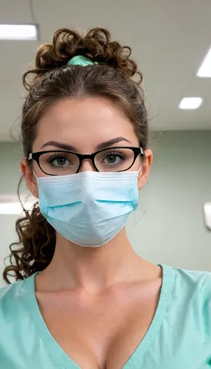 (((Closeup POV photo))), of 21 years old woman, (((young busty MILF brunette))), (((young dentist))), beautiful, fit, ((slim)), skinny, (((big tits busty))), (((curly Afro ponytail hair))), (((form fitting mint green nurse scrubs))), (((V neck cleavage))), tight wasp waist, hourglass figure, (((in a dentist office))), ((surgical gloves:1.5)), big sexy smile showing teeth, beautiful detailed eyes, depth blur, key visual, vibrant, highly detailed, (((surgical mask over face))), brown eyes, (((glasses:1.5))), bright overhead light, (((low angle view from underneath looking up:1.5))), <lora:bombshell_v2:1.2>