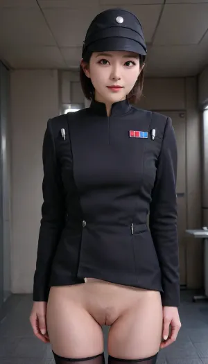 30 years old milf lady, Very attractive, short slicked hairstyle, Imperial, officer, wearing, a, (black), uniform with imperial officer hat, short tunic that makes her genitals visible, nude genitals, ((no pants on)), ((naked visible genitals)), very hairy pussy, dark spaceship background, skirtlift, aiuehara, <lora:Imperial Officer:.8>, <lora:skirtlift_xl:.5>, <lora:aiUehara_LoRA_R21:.8>