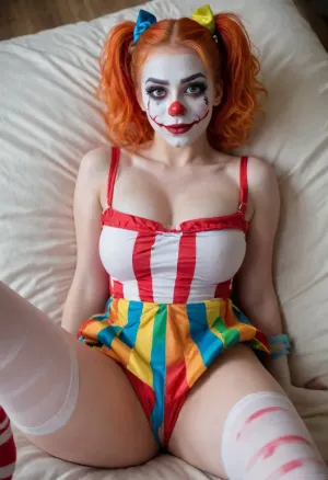 young beautiful girl 18 years old clown girl with big breasts, wearing a pulled-up dress without any underwear, laying on her back with spread legs, no panties, long striped socks, clown makeup, skinny, white face paint, detailed vagina, looking at the viewer, back long high twin multi-colored ponytails, excited, aroused, tack sharp, 4k, dslr