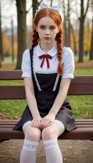 Focus on girl, Young student, Russian model, pale skin, thick lips, 18 years old, extremely cute face, freckles, makeup, red hair, long voluminous braids on head, white bow in hair, thin figure, petite figure, girl dressed in Russian school uniform, school outfit with apron, white lace stockings, knee-length photo, girl sitting on bench in park, sad, looking at viewer, sunny day, warm atmosphere, soft light.
