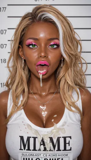 1girl, MILF, bimbo, whore, slut, slutty face, (japanese:1), (gyaru:1), blond hair, long hair, braight pink lipstick, green eyes, pink eyeliner, perfect eyes, small eyes, detailed eyes, small nose, (tanned skin), (dark skin), oiled skin, ahegao, (rolling eyes), tongue, excessive cum, mugshot, front view, cum on hair, clothed, white highlights, love, <lora:love:1>