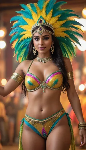 Indian female dressed in brazilian carnival outfit, bright expressive colors, gorgeous, attractive, flirting, (((full body visible))), looking at viewer, portrait, photography, detailed skin, realistic, photo-realistic, 8k, highly detailed, full length frame, High detail RAW color art, piercing, diffused soft lighting, shallow depth of field, sharp focus, hyperrealism, cinematic lighting