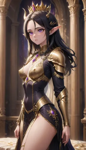 (1 beautiful elf woman), (golden elven crown with 2 horns), wide angle, side view, ((arrogant expression)), small older face, (black hair), (long flat bob hair), (straight hair), ((gold trimmed black armor)), gold pauldrons that look like goblets, fully clothed, long thick eyelashes, purple eyes, beautiful petite body, cute medium breasts, small waist, cute bubble butt, thin petite legs, ((perfect small eyes)), perfect face, elegant elven castle at night