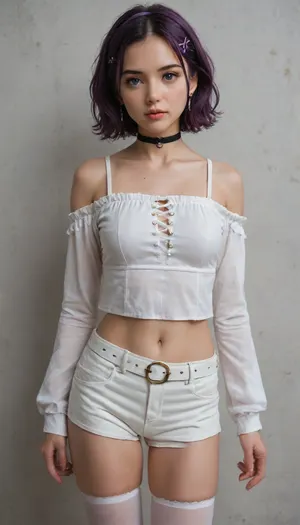 8k, highres, absurdres, masterpiece, best quality, extremely detailed CG, extremely detailed wallpaper, realistic, 1girl, solo, skindentation, shiny skin, shiny_clothes, perfect hands, detailed hands, detailed eyes, lyco, (GoodHands-beta2:.85), standing, OobuchiHimari, short hair, shirt, black hair, x hair ornament, white thighhighs, long sleeves, hair between eyes, bare shoulders, purple eyes, collarbone, purple hair, hairband, choker, hairclip, midriff, belt, short shorts, white shorts