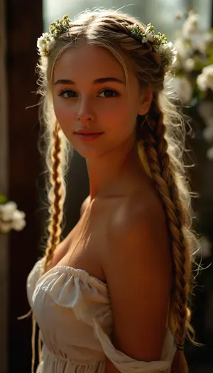score_9, score_8_up, score_7_up, 8k uhd, hyper realistic, 3/4 body view, tanned, white translucent minidress, view from below, (Greek goddess), 19 years old, (perfect body), (long blonde braids), firm small breasts, hard nipples, naked body beneath flowing clothes, naked shaved pussy, fancy hairstyle, wreath of flowers in her hair, (perfect beautiful face), enchanting questioning smile with one twinkling eye, sunlight coming from behind, oculus, (skylight), backlit, high contrast, (dramatic lighting), outdoors, <lora:attractive_notrigger:.9>, <lora:Midjourney Image Enhancer XL v1:.5>, <lora:MJ52:.5>, <lora:sunnyrayyxo_v1_SDXLBase:.8>
