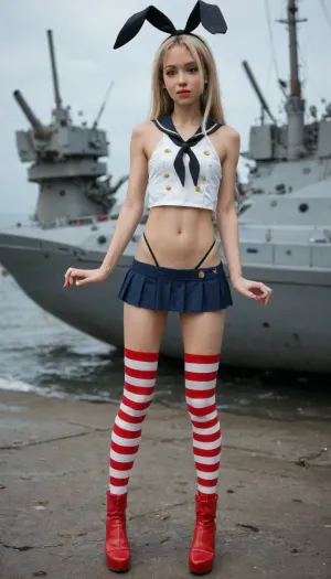 High quality and detail, (4K), (Shimakaze from kan colle, shimakaze cosplay), 18 years old, full body, very skinny, flat chest, (narrow skinny face), detailed focused face, short small body, (anime style:1.2), (yellow blonde hair), on a battle ship, overly excited pose, (red white striped knee high socks, tiny blue micro skirt, black g string, visible cameltoe, red high heeled latex boots)