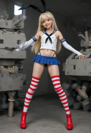 High quality and detail, (4K), (Shimakaze from kan colle, shimakaze cosplay, cute anime girl:2), (on a battleship:1.4), 18 years old, full body, very skinny, flat chest, (narrow skinny face), excited focused face, short small body, sexy legs, (anime style:1.6), (yellow blonde hair), overly excited pose, (red white striped knee high socks, tiny blue micro skirt, black g string, visible cameltoe, red high heeled latex boots)