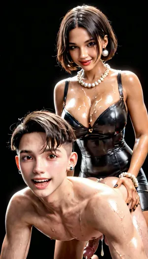 An ultra realistic, high detailed photo, black room, black background, (slender and slim latina futanari with black stocking and medium black bobcut hair on male), latina, femdom, futa fuck white man analy, futa pegs male, doggy style, cumming, mega massive futa dick, mega big heavy black futa balls, gigantic breasts, perfect slender body, slim waist, tanned skin, massive milky breasts, big chunky white pearl earrings, several fine gold and pearl necklaces, several fine gold and pearl bracelets, black eyes, brown eyes, full and plump red lips, looking at viewer, laughing, (wet skin, oiled skin, cum covered skin), <lora:209970_training_data:.9>, <lora:287175_training_data:.9>